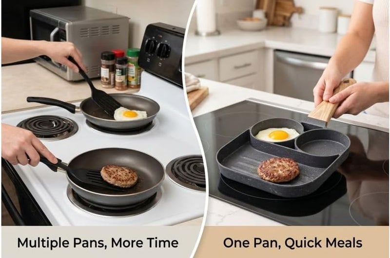 Gray Two-Cup Non-Stick Frying Pan with Maifan Stone Coating, 7.1 x 7.1 in / 18 x 18 cm Aluminum Divided Breakfast Skillet, Dedicated for Induction Cooktops, Mini Egg Burger Cooker with Wooden Handle - Image 3