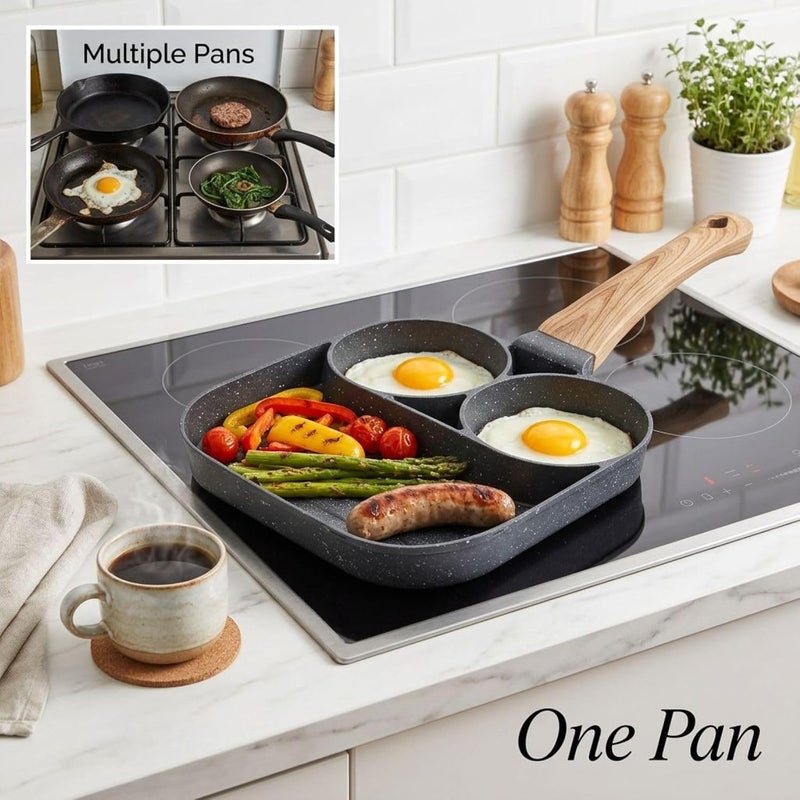 Gray Two-Cup Non-Stick Frying Pan with Maifan Stone Coating, 7.1 x 7.1 in / 18 x 18 cm Aluminum Divided Breakfast Skillet, Dedicated for Induction Cooktops, Mini Egg Burger Cooker with Wooden Handle - Image 2