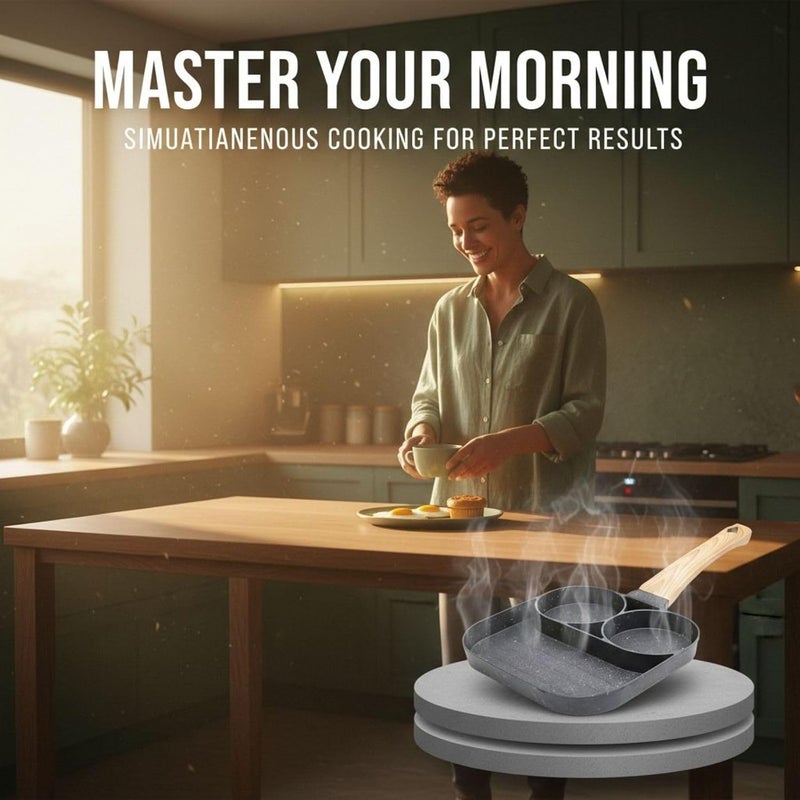 Gray Two-Cup Non-Stick Frying Pan with Maifan Stone Coating, 7.1 x 7.1 in / 18 x 18 cm Aluminum Divided Breakfast Skillet, Dedicated for Induction Cooktops, Mini Egg Burger Cooker with Wooden Handle - Image 5