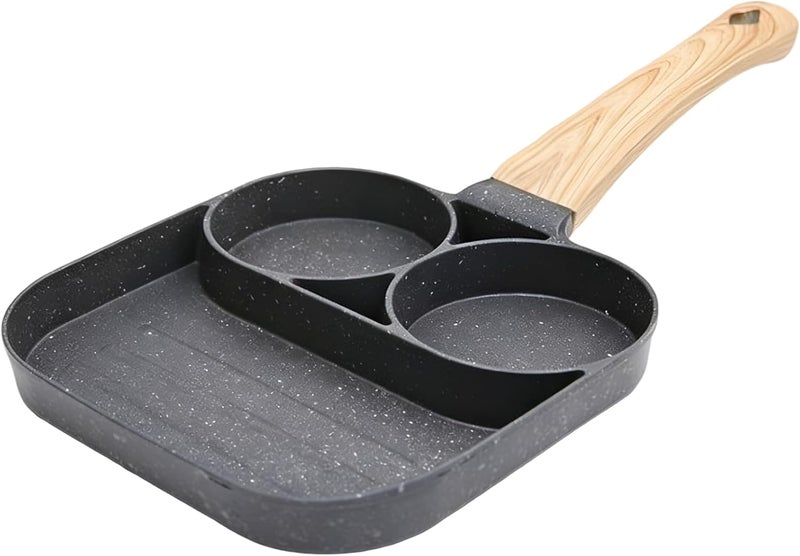 Gray Two-Cup Non-Stick Frying Pan with Maifan Stone Coating, 7.1 x 7.1 in / 18 x 18 cm Aluminum Divided Breakfast Skillet, Dedicated for Induction Cooktops, Mini Egg Burger Cooker with Wooden Handle - Image 1