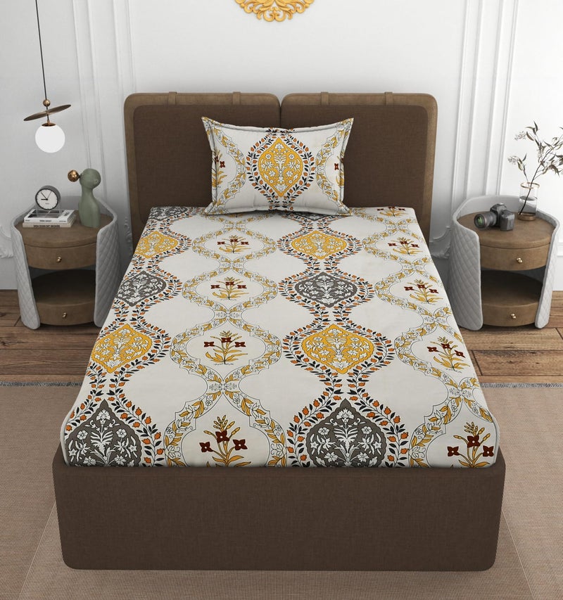 VOMZER 300 TC Elastic Fitted Bedsheets Single Bed with 1 Pillow Cover | Single Bed with All Around Elastic, Size 36 x 72 x 10 Inches White - Image 1