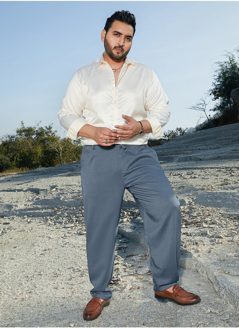 Instafab Plus Instafab Plus Men's Steel Blue Tailored Linen-Blend Trousers For Casual Wear | Mid-Rise | Regular Fit | Drawstring Closure | Plus Size Trousers Crafted With Comfort Fit For Everyday Wear  - Image 5