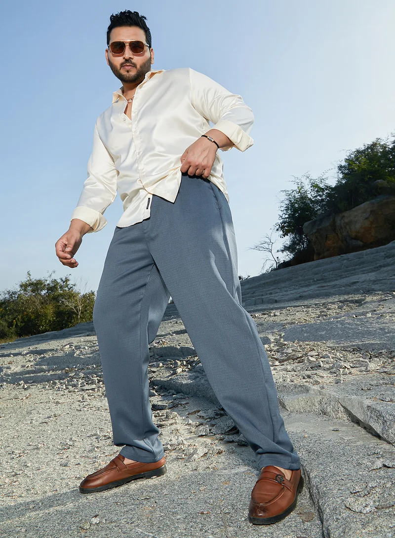 Instafab Plus Instafab Plus Men's Steel Blue Tailored Linen-Blend Trousers For Casual Wear | Mid-Rise | Regular Fit | Drawstring Closure | Plus Size Trousers Crafted With Comfort Fit For Everyday Wear