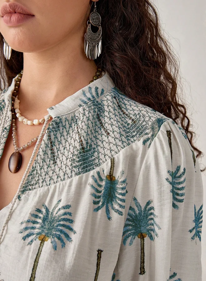 Take Two Take Two Graphic Print Tie-Up Neck Top