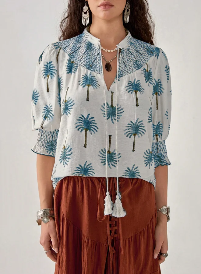 تايك تو Take Two Graphic Print Tie-Up Neck Top