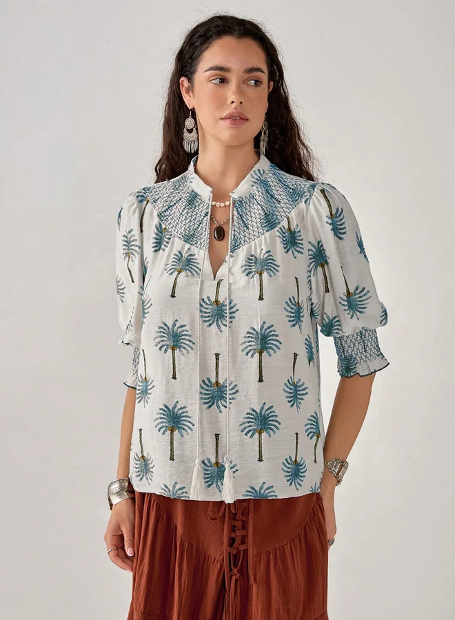تايك تو Take Two Graphic Print Tie-Up Neck Top
