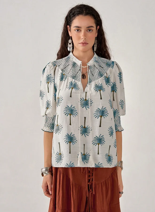 Take Two Take Two Graphic Print Tie-Up Neck Top