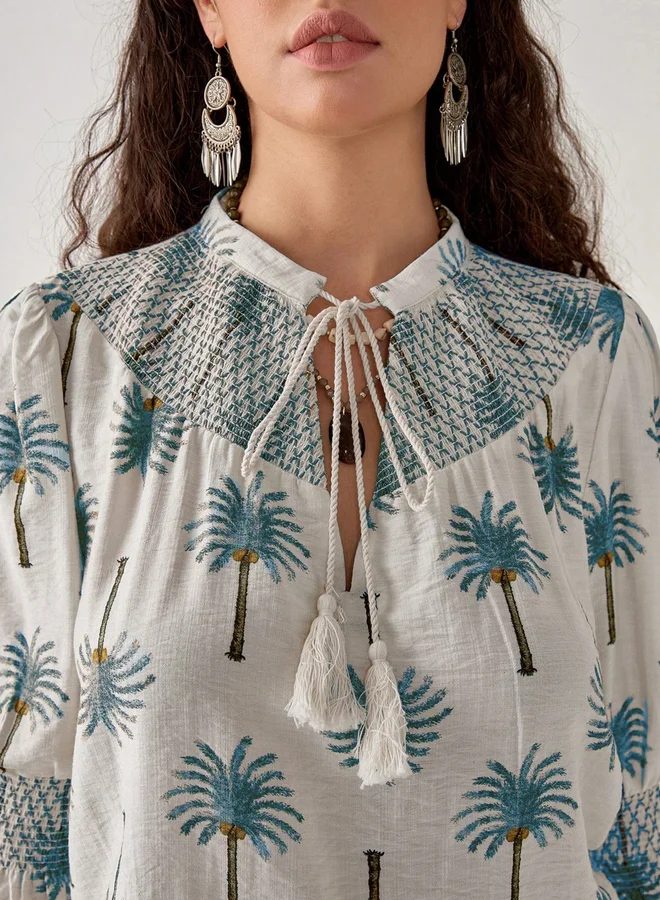 Take Two Take Two Graphic Print Tie-Up Neck Top