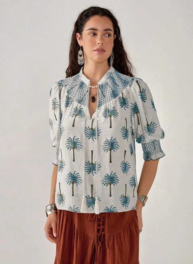 تايك تو بلوزة برباط عنق بطبعة جرافيك