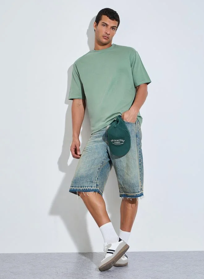 Styli Men Green Oversized Back Slogan Print Terry T-Shirt