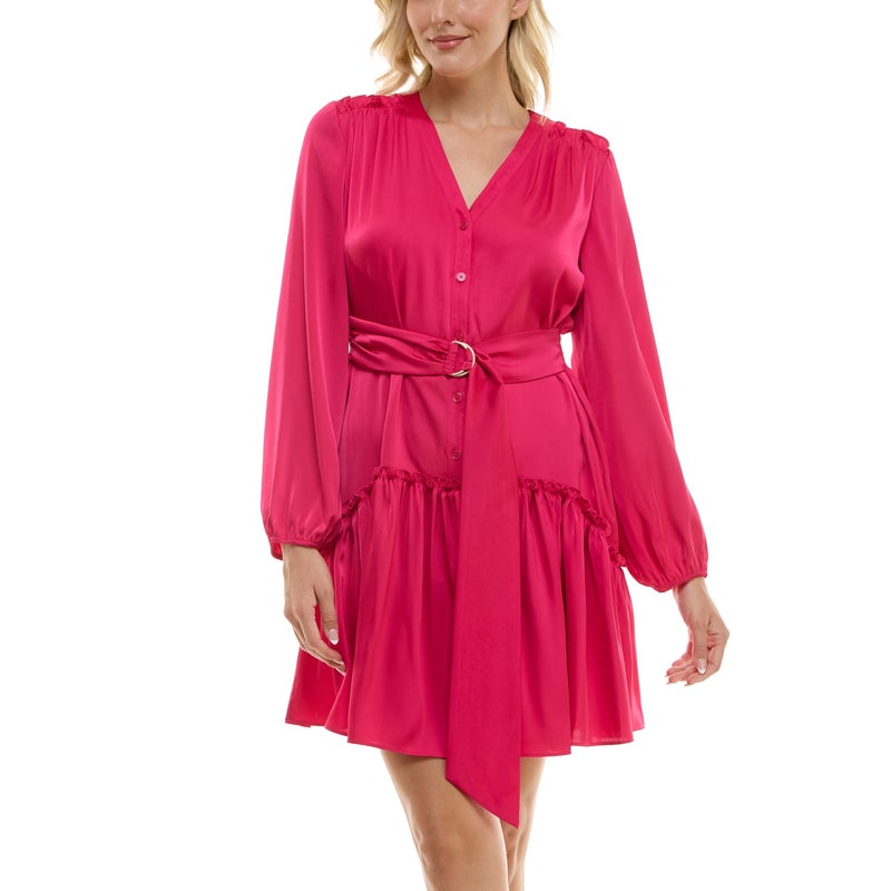 Taylor Women's Long Sleeve V-Neck Tie Waist Button Down Mini Dress, Bright Rose