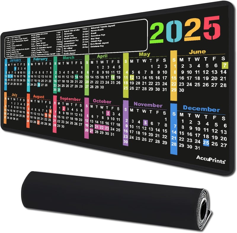 AccuPrints Anti-Slip Mouse Pad with 2025 Calendar Year,Size 28 x 60 cm Clear Extended Sheet Mouse Pad, Large Rubber Base Mice Smooth Cloth Desk Keyboard Mat (Black, Keyboard Pad) - Image 1