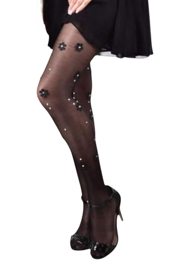 Ghils Crystal Clear Stockings Embroidered Flower, 70% Polyamide & 30% Lycra