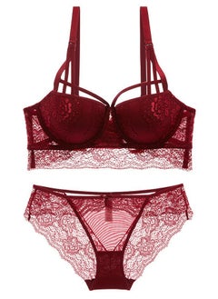 Comfy Solid Color Thick Cup Lace Bra And Panty Set Dark Red