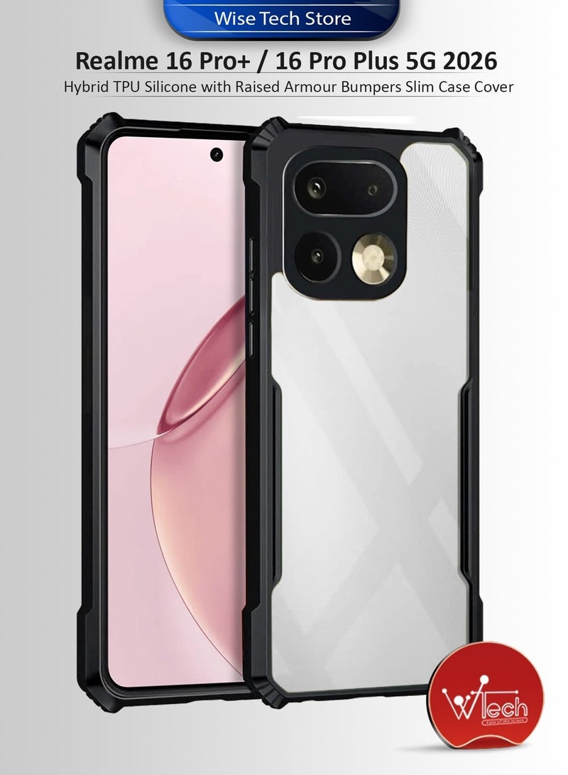Wtech غطاء واقي رقيق من السيليكون TPU هجين مع حواف مدرعة مرتفعة لجهاز Realme 16 Pro+ 5G 2026 (MCAPSA) - شفاف/أسود وواقي شاشة زجاجي مقوى كامل الغراء مع حواف منحنية لجهاز Realme 16 Pro+ / 16 Pro Plus 5G 2026 (MSGUCN) - شفاف مجموعة - Image 2