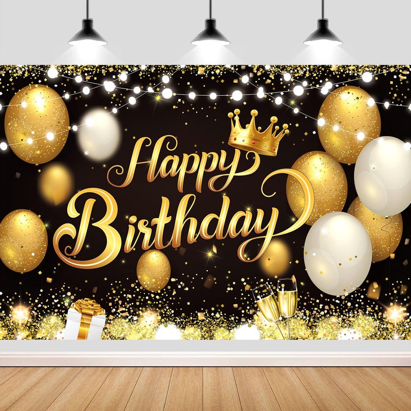 YinQin 180x120 cm Black Gold Happy Birthday Party Backdrops Cloth 71x47 in Glitter Black Gold Happy Birthday Photography Backgrounds Banners Black Gold Happy Birthday Sign Decorations for Men Women - Image 2