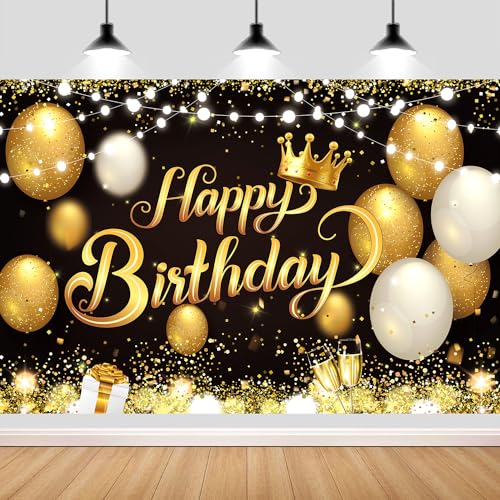 YinQin 180x120 cm Black Gold Happy Birthday Party Backdrops Cloth 71x47 in Glitter Black Gold Happy Birthday Photography Backgrounds Banners Black Gold Happy Birthday Sign Decorations for Men Women - Image 1