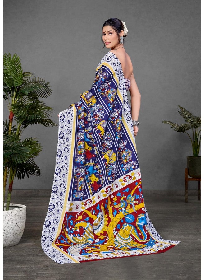 RADHA LAKSHMI ساري مولمول قطن ناعم خالص بطباعة كالمكاري من رادها لاكشمي للنساء مع قطعة بلوزة 68 (أزرق) - Image 5