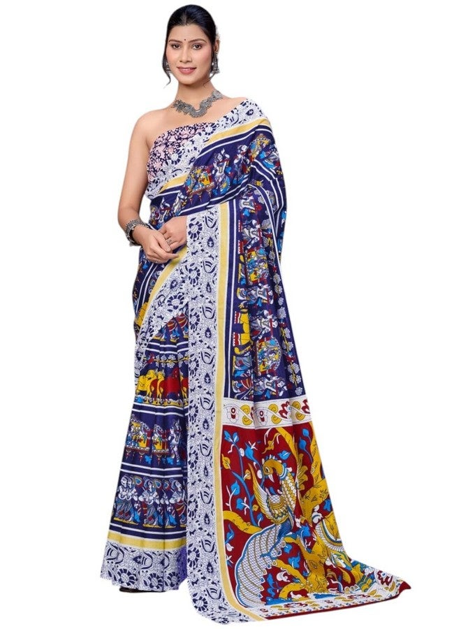 RADHA LAKSHMI ساري مولمول قطن ناعم خالص بطباعة كالمكاري من رادها لاكشمي للنساء مع قطعة بلوزة 68 (أزرق) - Image 1