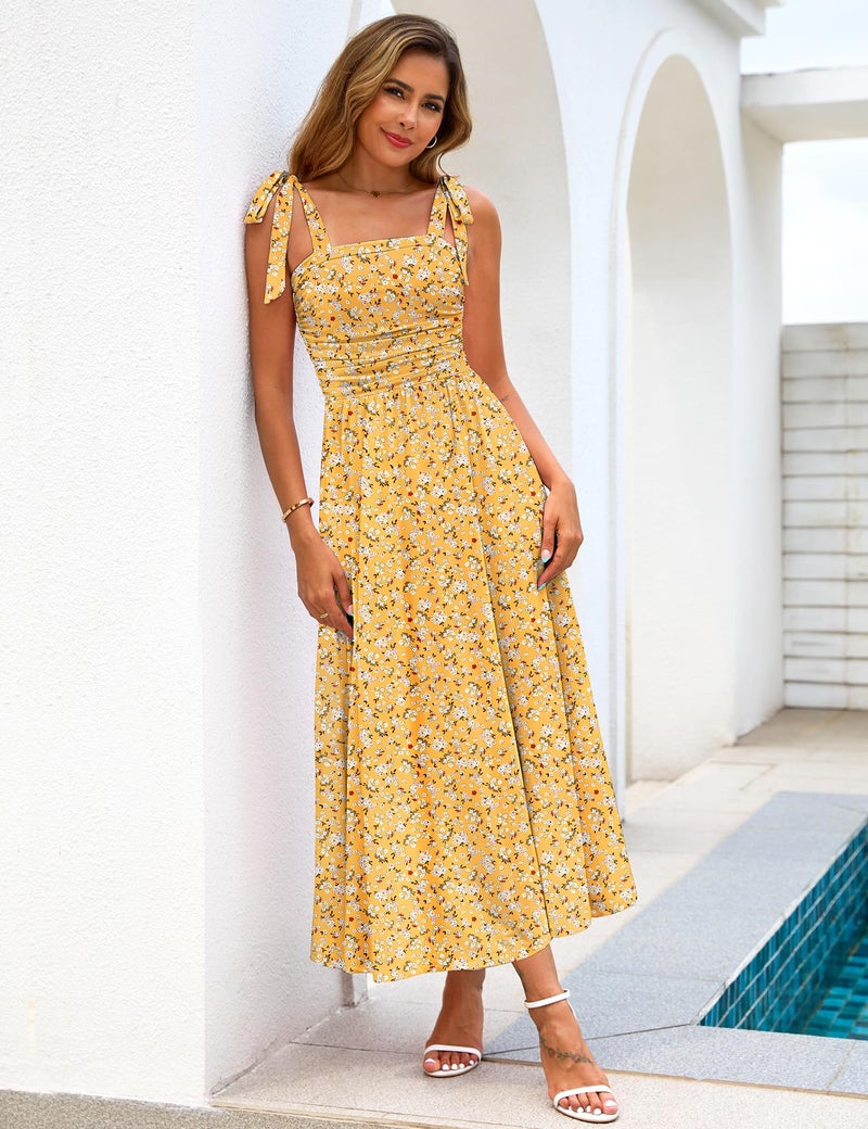 Zattcas Womens 2026 Summer Spaghetti Strap Sleeveless Floral Maxi Dress with Pockets Square Neck Cute Long Sundresses Beach Vacation Clothes Church Wedding Guest Dress Yellow S - Image 3