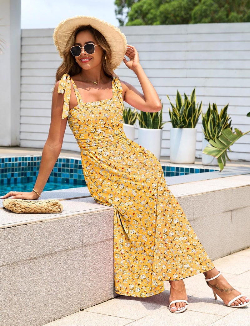 Zattcas Womens 2026 Summer Spaghetti Strap Sleeveless Floral Maxi Dress with Pockets Square Neck Cute Long Sundresses Beach Vacation Clothes Church Wedding Guest Dress Yellow S - Image 5