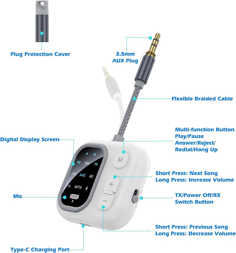 ETZIN JS5 Bluetooth 5.4 Wireless Transmitter Receiver with APTX LL, Support 2 ArPods/Wireless Headphones, 3.5mm AUX Audio Adapter for Air-Planes, Boats or in Gym, Home, Auto EPL-1484WA - Image 4