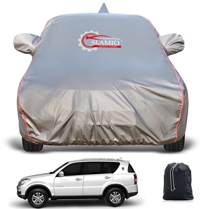 Slamio Heavy-Duty Car Body Cover for Mahindra Rexton | Waterproof, Dustproof, UV Protection, Custom Fit, Heavy Belt & Buckle with Mirror & Antenna Pocket | Dark Grey - Image 1