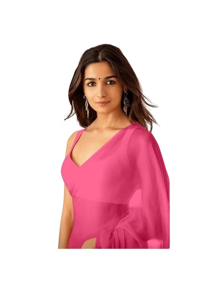 مملكة الإكسسوارات ساري جورجيت سادة نقي للنساء مع بلوزة غير مخيطة (Rocky Aur Rani Ki Prem Kahani Alia Bhatt Saree) - Image 1