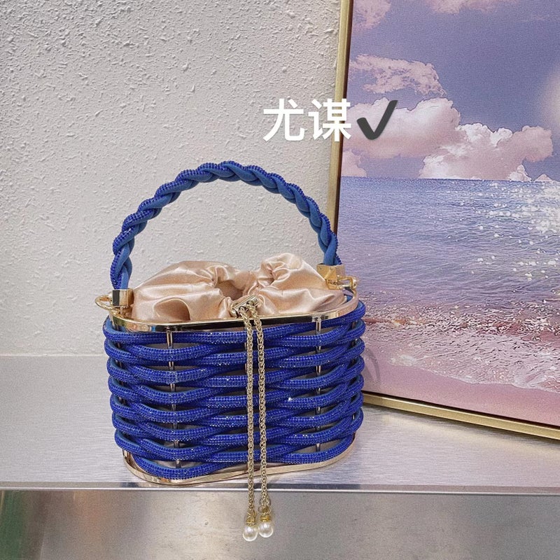 Metal Hollow Shiny Colorful Rhinestone Vegetable Basket Bird Cage Bag Banquet Diamond Bucket Bag Clutch Messenger Bag - Image 1