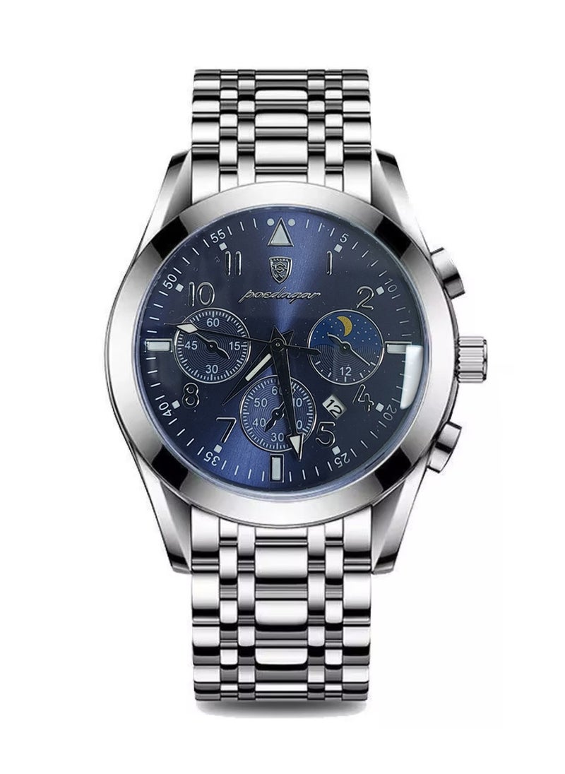POEDAGAR Men’s Quartz Alloy Case and Silver Stainless Steel Band Blue Dial Wristwatch 40mm 