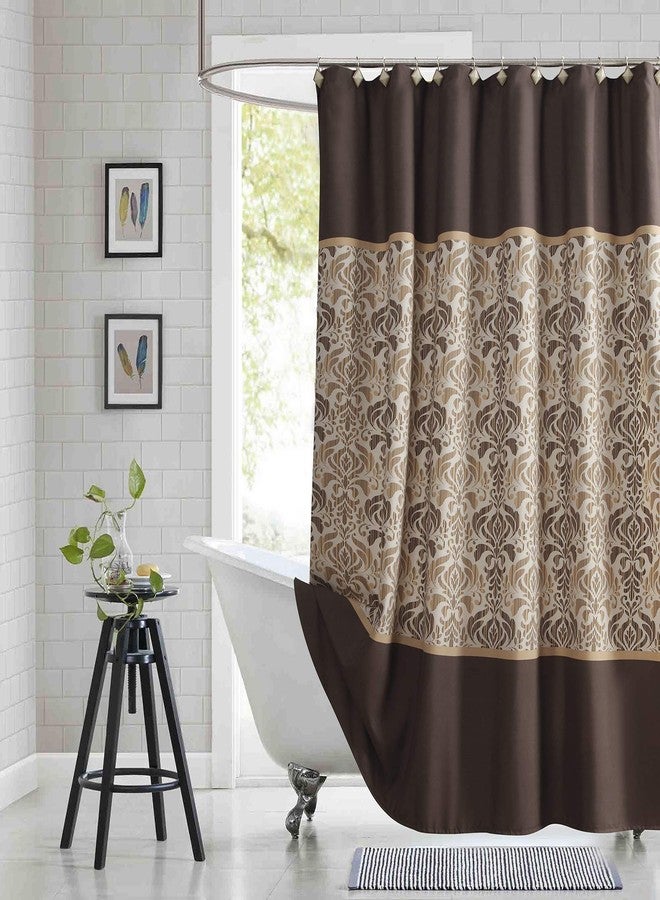 BESTRIPES Brown Fabric Shower Curtain, Tan and Golden Printed Boho Paisley Damask Pattern Shower Curtains for Bathroom, Waterproof Bathroom Curtains, 72" W x 72" H - Image 1