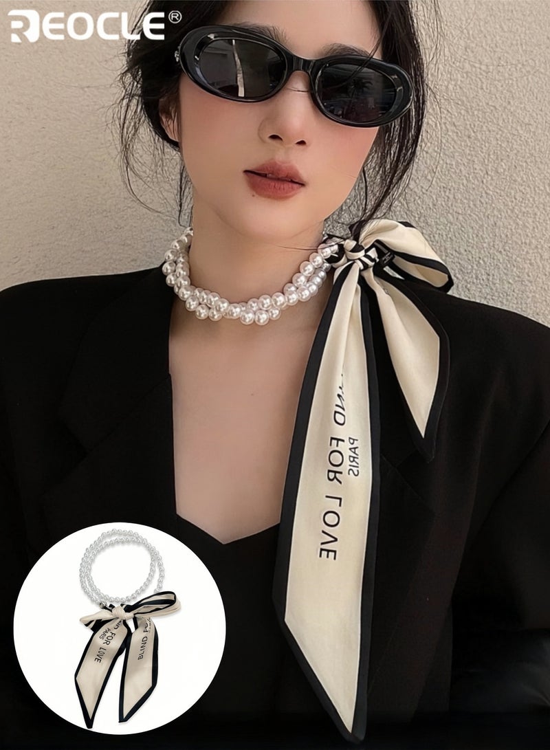REOCLE Women's Silk Scarf with Pearl Accent and Multi-Way Design Versatile Necklace with Luxurious Texture for Hair Bag Decoration - Image 1