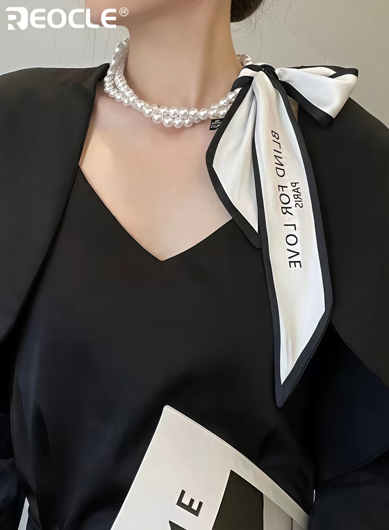 REOCLE Women's Silk Scarf with Pearl Accent and Multi-Way Design Versatile Necklace with Luxurious Texture for Hair Bag Decoration - Image 2