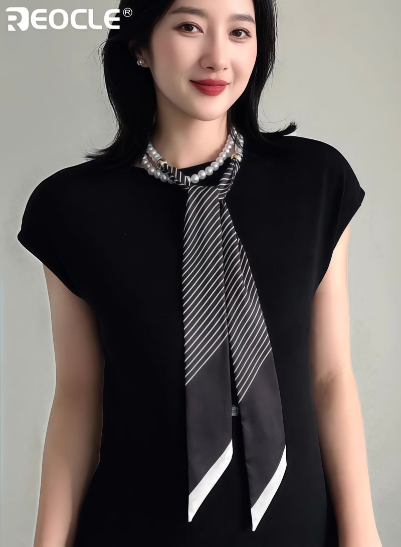 REOCLE Women's Silk Scarf with Pearl Accent and Multi-Way Design Versatile Necklace with Luxurious Texture for Hair Bag Decoration - Image 4