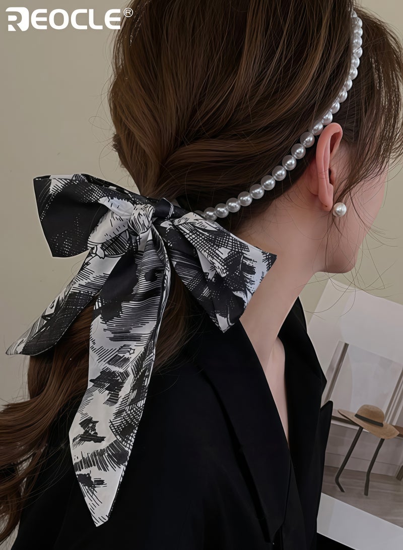 REOCLE Women's Silk Scarf with Pearl Accent and Multi-Way Design Versatile Necklace with Luxurious Texture for Hair Bag Decoration - Image 5