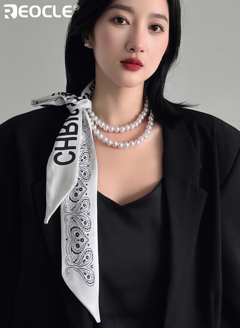 REOCLE Women's Silk Scarf with Pearl Accent and Multi-Way Design Versatile Necklace with Luxurious Texture for Hair Bag Decoration - Image 3