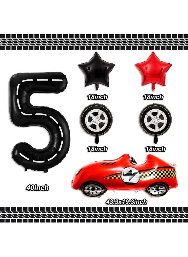 5 Year Old Race Car Birthday Decorations, 40 Inch Black Racetrack Number 5 Balloon Set, Red Race Car & Tire Balloons for Racing Themed Party Supplies - Image 2