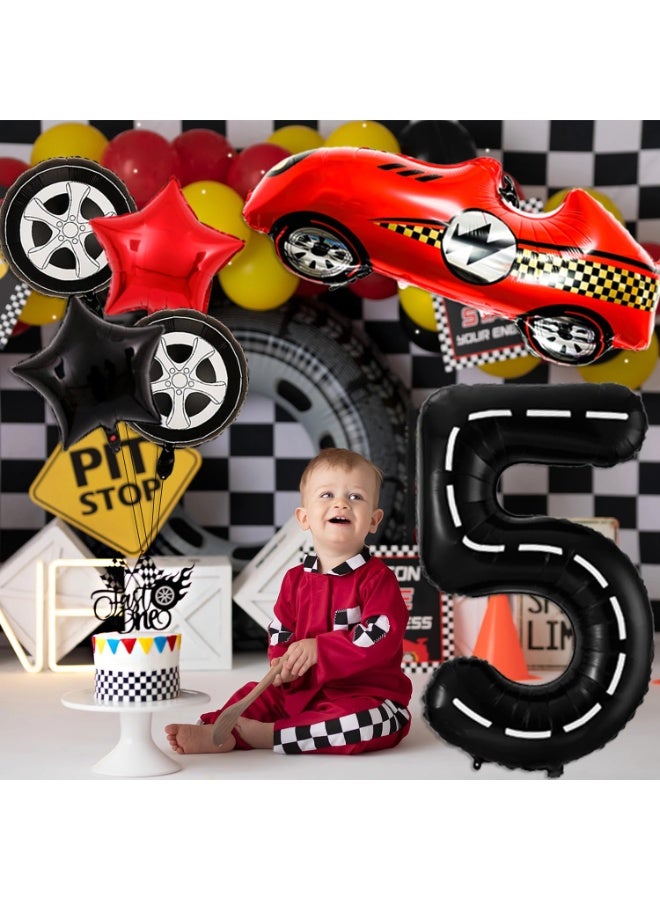 5 Year Old Race Car Birthday Decorations, 40 Inch Black Racetrack Number 5 Balloon Set, Red Race Car & Tire Balloons for Racing Themed Party Supplies - Image 5