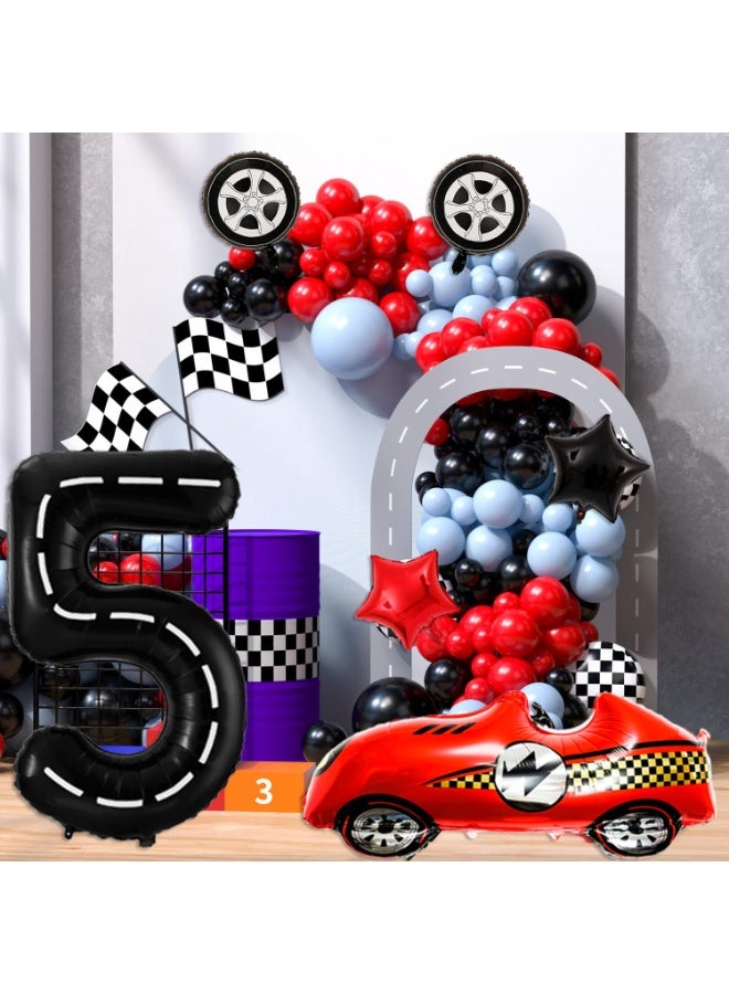 5 Year Old Race Car Birthday Decorations, 40 Inch Black Racetrack Number 5 Balloon Set, Red Race Car & Tire Balloons for Racing Themed Party Supplies - Image 3