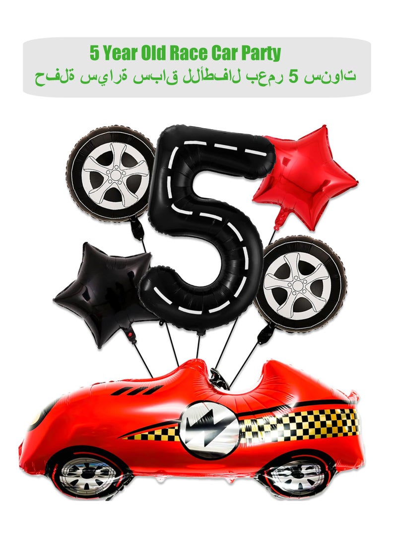 5 Year Old Race Car Birthday Decorations, 40 Inch Black Racetrack Number 5 Balloon Set, Red Race Car & Tire Balloons for Racing Themed Party Supplies - Image 1