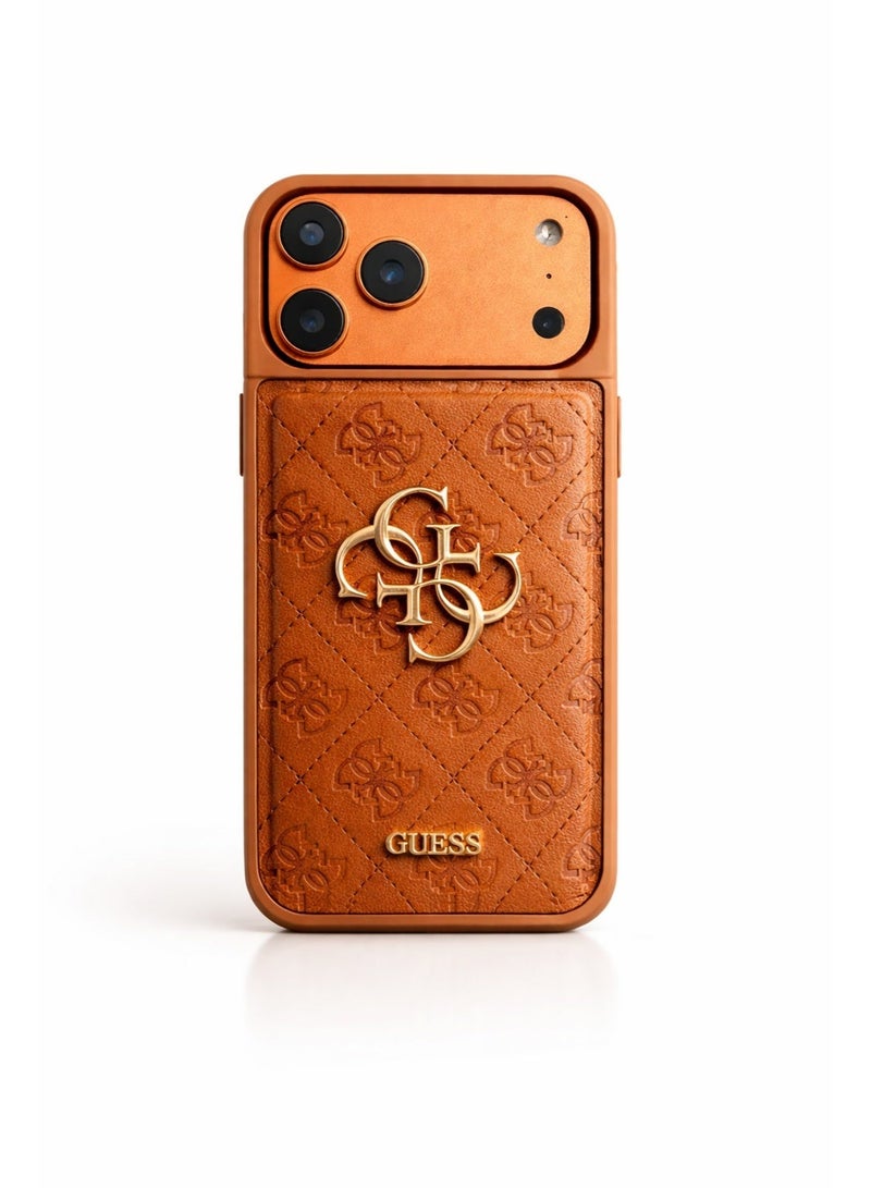 جس جراب GUESS لهاتف iPhone 17 Pro Max من جلد PU مع فتحة بطاقة وشعار معدني، غطاء حماية نحيف سهل التركيب - برتقالي - Image 1
