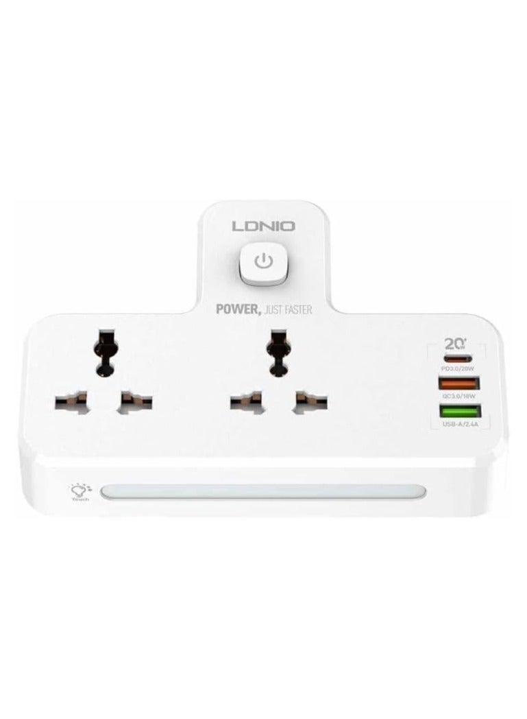 لدنيو وصلة كهرباء محمولة من Ldnio SC2311 مع 2 مقبس طاقة تيار متردد و3 منافذ USB، طاقة 2500 وات ولامو ليلي - أبيض - Image 5