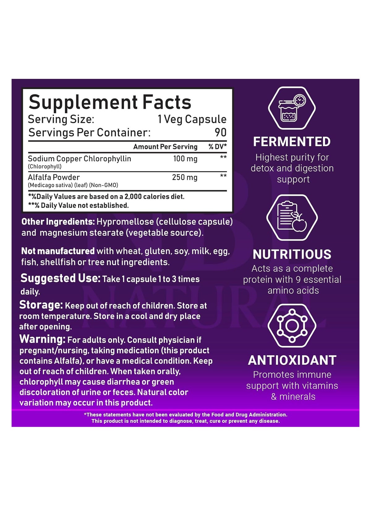 Nbl Natural Chlorophyll 100Mg With Alfalfa Powder Veg Capsules 90'S