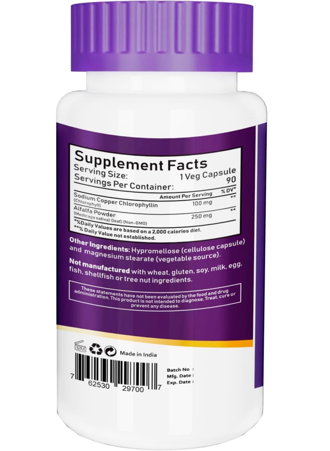 Nbl Natural Chlorophyll 100Mg With Alfalfa Powder Veg Capsules 90'S