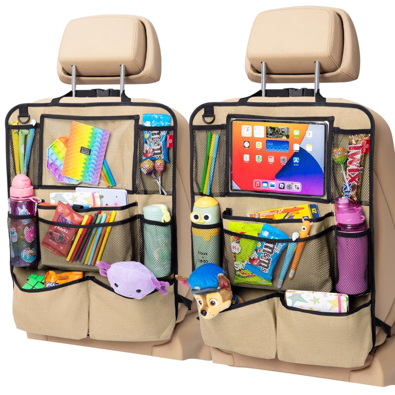 Helteko Backseat Car Organizer, Kick Mats Back Seat Protector with Touch Screen Tablet Holder, Back Seat Organizer for Kids with 9 Storage Pockets, Travel Accessories (2 Pack, Beige) - Image 1