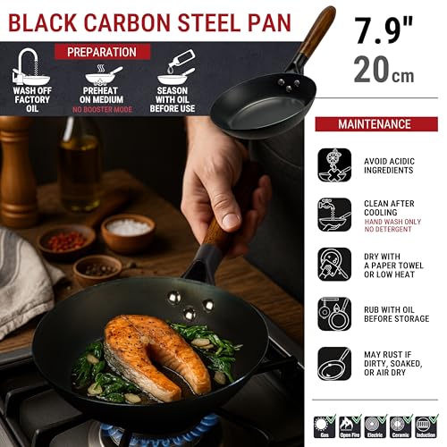 YOSUKATA 7.9" Carbon Steel Frying Pan – Non-Toxic Pre-Seasoned Skillet with Removable Wooden Handle – Coating-Free Wok-Style Pan for Gas, Induction, Electric, Oven & Grill BBQ - Image 3
