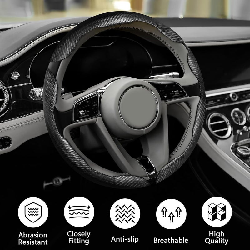 غطاء عجلة قيادة مقسم من 3 قطع، مصنوع من جلد الألياف الكربونية غير المنزلق، يحمي عجلة القيادة ويمنع الانزلاق، مناسب لمعظم السيارات، إكسسوار داخلي عام للسيارات (أسود) - Image 5