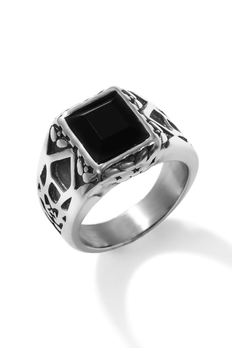ROMAD A stylish silver ring with a rectangular black stone and elegant Arabic engravings on the sides. - Image 1