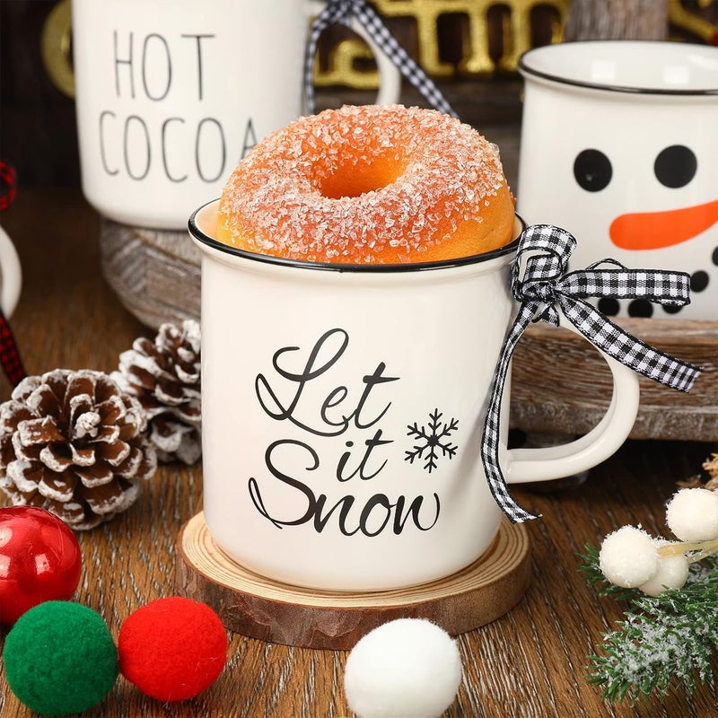 Whaline 6Pcs Winter Mini Coffee Mug with Ribbon Tiered Tray Decor White Snowman Let it Snow Drinking Mug for Winter Christmas Table Centerpieces Decorations Housewarming Gift - Image 3