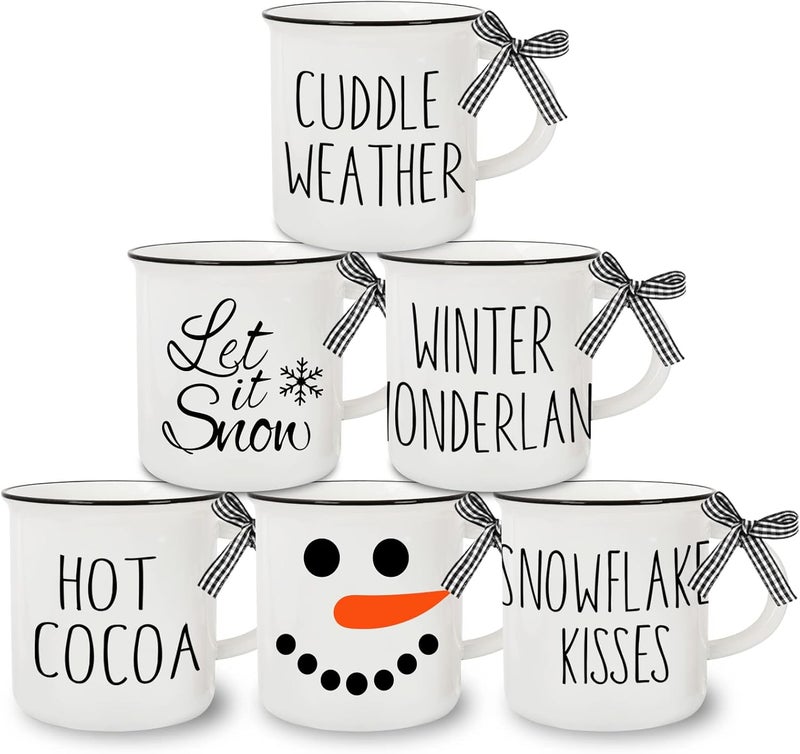 Whaline 6Pcs Winter Mini Coffee Mug with Ribbon Tiered Tray Decor White Snowman Let it Snow Drinking Mug for Winter Christmas Table Centerpieces Decorations Housewarming Gift - Image 1